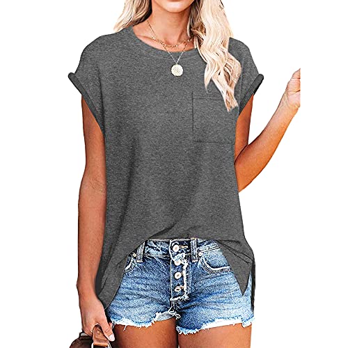 Eliy Basic Women's Summer Cap Sleeve T Shirts Loose Fit Solid Color Basic Tees Side Split Shirt Tops With Pocket A-Grey #TOP27