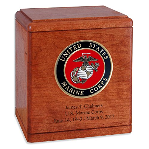 Cherry Wood Military Cremation Urn for The Marine Corps Veteran with Custom Inscription - Personalized Wooden Funeral Urns Made in The USA (More Options Available)