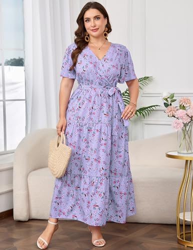 Image of ShopWonder Womens Plus Size V Neck Wrap Maxi Dress High Waist Ruffle Summer Casual Dress with Belt