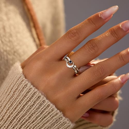 LOVECOM Star Moon Ring Set Stackable Rings for Women Couble 925 Sterling Silver Celestial Matching Adjustable Ring Cute 14k Gold Plated Blue CZ Moon Friendship Promise Ring Jewelry Gifts to Daughter3