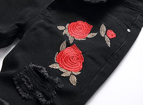 Boy's Black Skinny Fit Ripped Destroyed Distressed Rose Embroidered Fashion Kids Denim Jeans Pants,137,12
