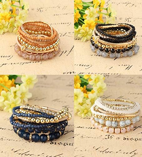 MILACOLATO 4 Sets Stackable Bracelets for Women Girls Multilayer Beaded Bracelets Stretch Bangles Bohemian Style