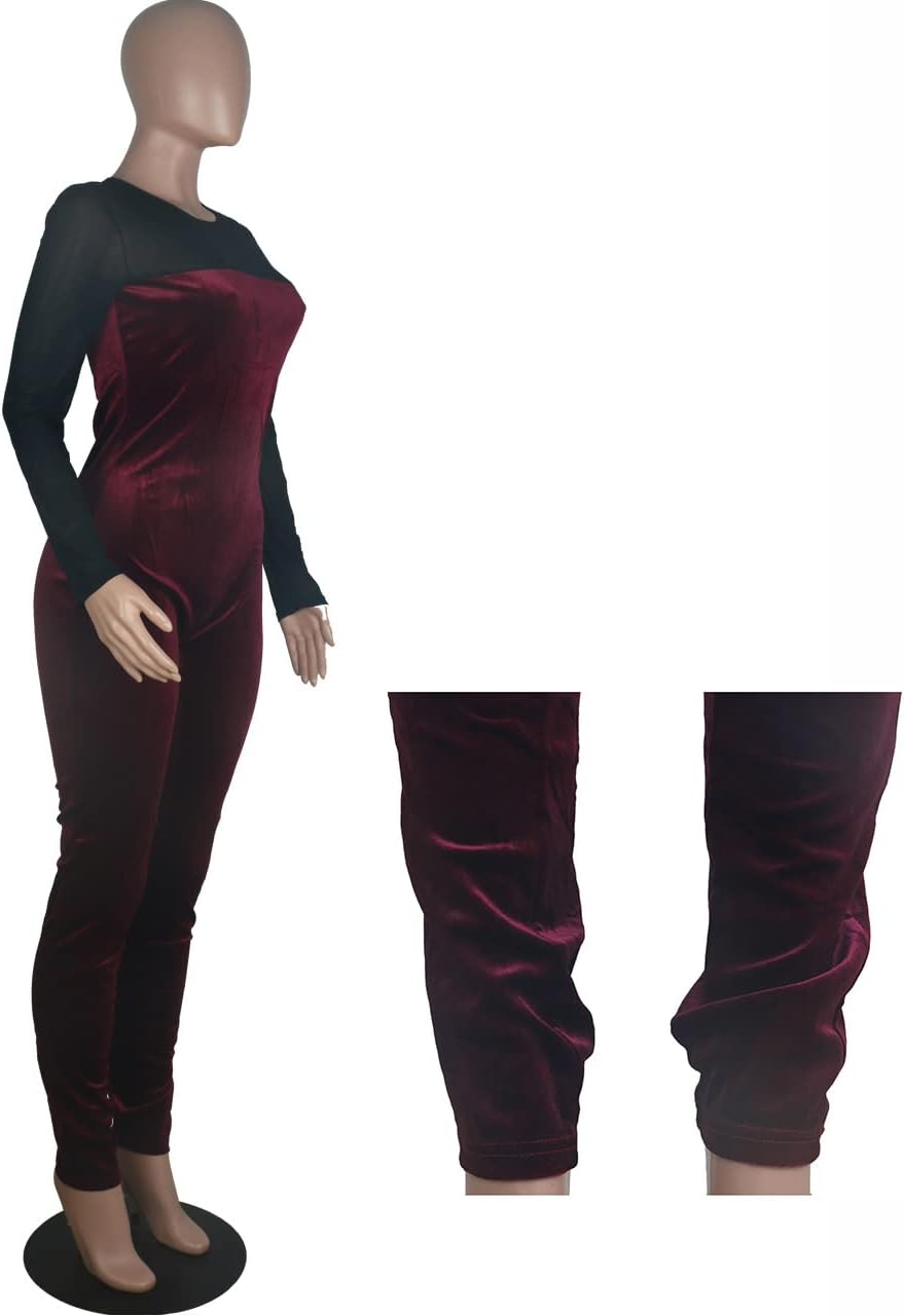 WOKANSE Women's Sexy Long Sleeves Mesh Patchwork Bodycon Velvet Jumpsuits Long Romper Pants One Piece Clubwear - Image 4
