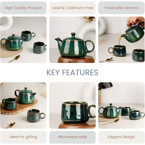 Image of The Earth Store Premium Green Glaze Ceramic Morning Tea Set - 2 Tea Cups & 1 Kettle Microwave and Dishwasher Safe | Tea Cup with Kettle | Small Morning Set | Ideal for Gifting and Daily Use