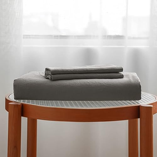 Miniatura 4 de Simple&Opulence Juego de funda nórdica 100% lino con ribete y sábanas 100% lino con estilo básico (tamaño King, gris)