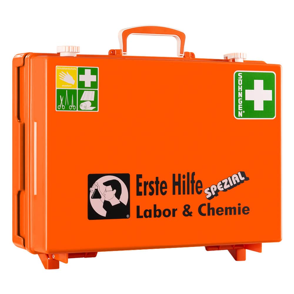 Erste-Hilfe-Koffer Labor/Chemie, Wandhalt. Söhngen, orange, ASR A4.3/DIN 13157, Art.-Nr. 110034 | Verbandskasten | Notfallkoffer | Erste Hilfe Kasten