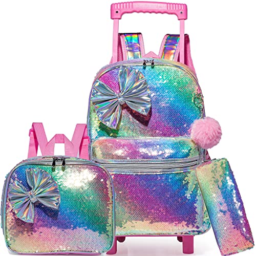 Bowknot Rolling Backpack For Girls Roller Backpacks With Wheels Kids Wheeled Sequin Suitcase Trolley Trip Luggage For Elementary Kindergarten Student With Lunch Box Pencil Case For Kids 5-12 Years Old #TOP25