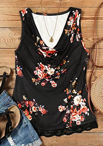 Exmiun Floral Lace Splicing Cowl Neck Tank Tops Women Loose Casual Sleeveless Tunic Shirts(Black,L) #TOP1