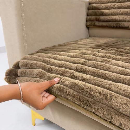 Image of Homerz Premium Rabbit Fur Sofa Cover with Anti-Skid Backing, Soft Plush Fabric Sofa Protector for Living Room Furniture (Coffee, 1 Seater, Seat Cover with Backrest)