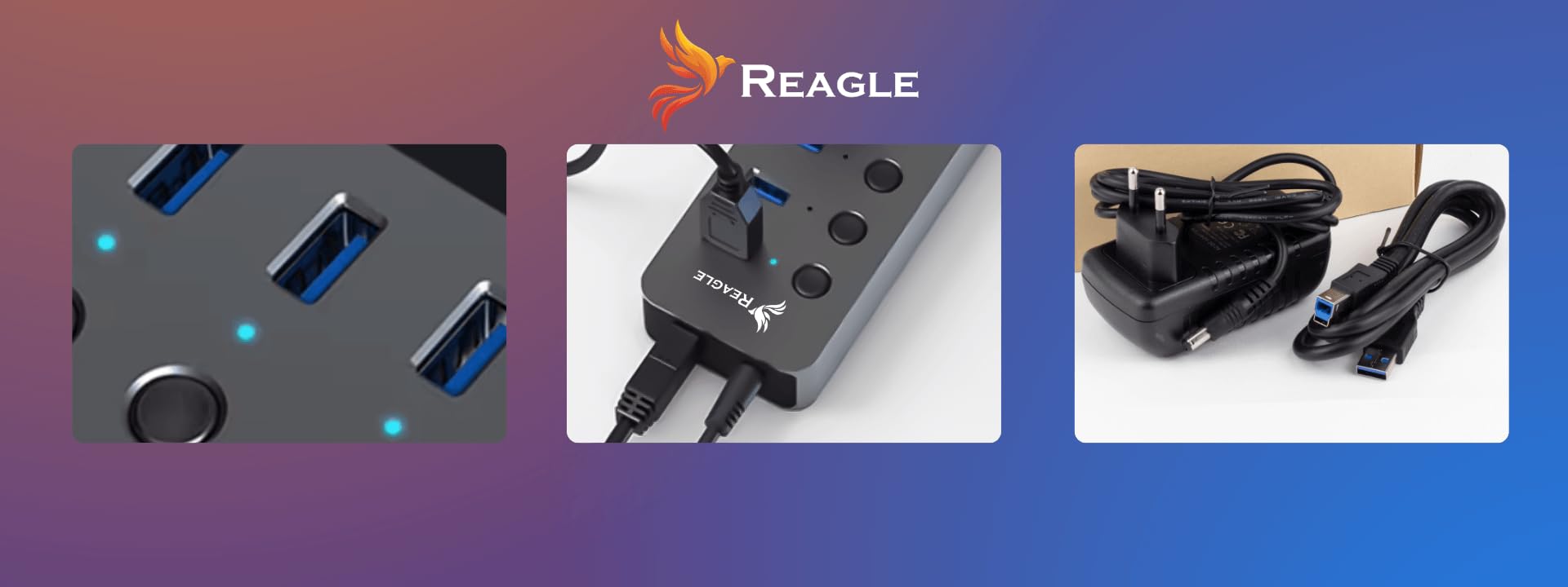 Reagle HUB 10IN1 USB 3.2 Gen 1 Hub mit 10 Ports 10 Daten, 5 Gbps Datenübertragung, 36W Netzteil, Einzelschalter pro Port, Plug & Play, LED-Anzeigen, Aluminiumgehäuse