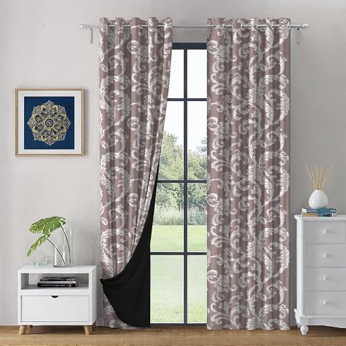 Image of LINENWALAS Printed Blackout Curtains for 7 Feet Door | Set of 2 | Printed Drapes | Thermal Insulated, Room Darkening Panels with Grommet Hanging for Living Room (Taupe Vines)