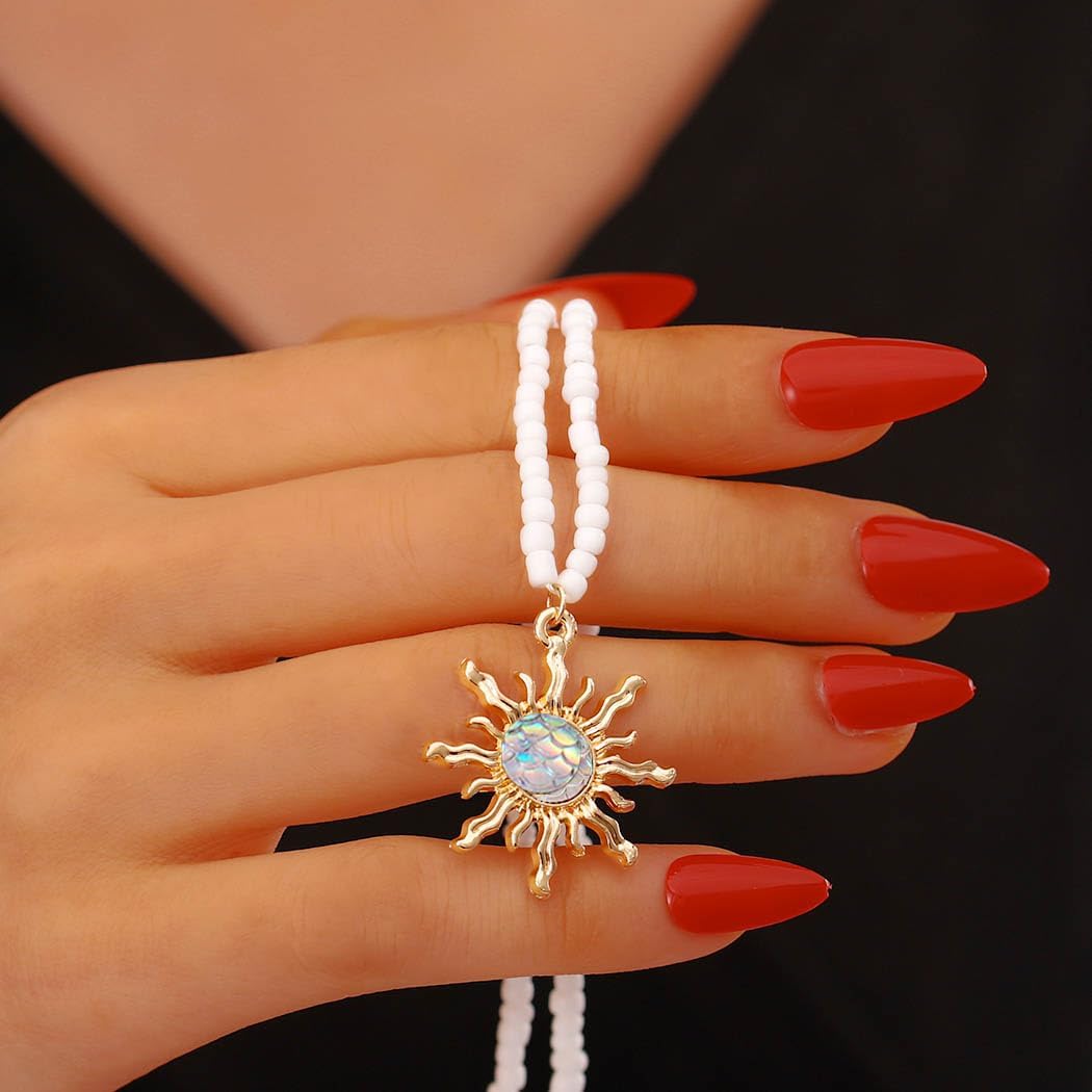 Yalice Boho Beaded Choker Necklace Opal Sun Pendant Necklaces Beach Mermaid Jewelry Gift for Women - Image 4