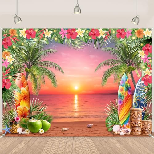 Hawaiian Backdrop 75Ft Summer Beach Backdrops for Photography Tropical Flower Hawaiian Luau Banner with Seaside Twilight for Summer Luau Aloha Party Decorations 8259inch