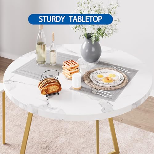 GarveeHome Dining Table Set for 2, Round Kitchen Table and Chairs for 2, 3 Piece Modern Dining Room Table Set, Kitchen Table Set for Small Space, Apartment, Gold Marble White