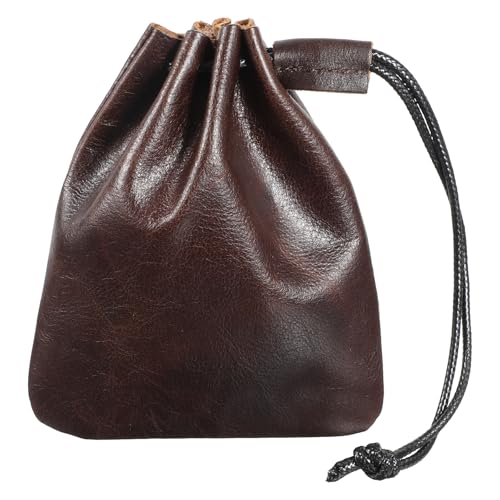 HJZHII Drawstring Cowhide Bag Leather Storage Bags Small Waterproof Pouch Vintage Leather Pouch for Earphone Jewelry (Small Coffee)