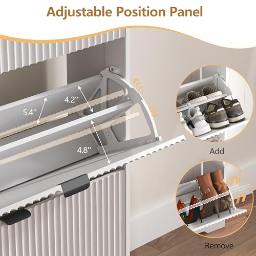 Image of Shoe Cabinet Storage for Entryway with 4 Flip Drawers, White Fluted Shoe Cabinet with Adjustable Shelves, Wooden Hidden Shoes Rack Freestanding Narrow Slim Shoes Storage for Hallway, Entrance