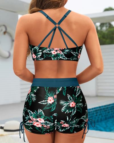 Image of Yonique 3 Piece Tankini Swimsuits for Women Swim Tank Top Bathing Suits with Boy Shorts and Bra Athletic Swimwear