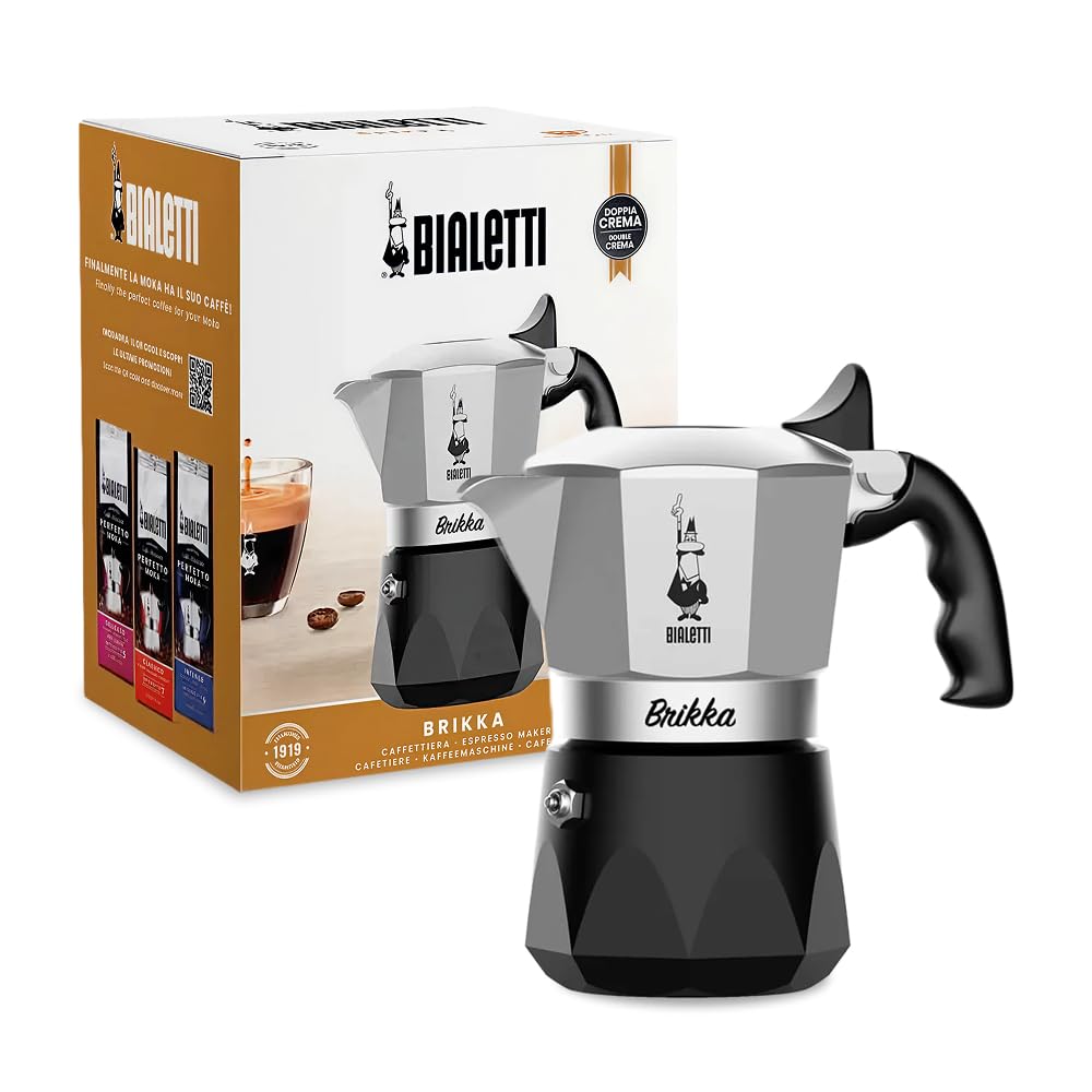 Bialetti New Brikka 2023, Moka-Kanne, die einzige Herdkaffeemaschine, die in der Lage ist, einen Cremereichen Espresso Zuzubereiten, 2 Tassen, Aluminium
