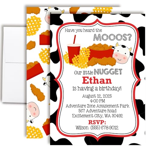 Custom Birthday Invitations Mooos & Nuggets Cow Themed Birthday Invites for Kids Pack of 50 5x7 Custom Chicken Nugget & Waffle Fry Invitation Cards With Fifty Envelopes - Unique Chicken Nugget Party Invites