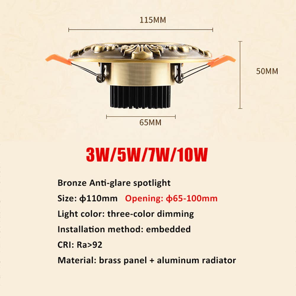 3W, 5W, 7W, 10W, Mosiężna Lampa Sufitowa Led Ściemnialna, 2,5/3,5 Cala, Zestaw Do Konwersji Na Okrągły Panel Sufitowy, Panel Antyodblaskowy, 3000K-6000K,5w