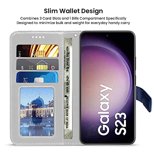 Image of FLIPPED Vegan Leather Flip Case Back Cover for Samsung Galaxy S23 5G (Flexible, Shock Proof | Hand Stitched Leather Finish | Card Pockets Wallet & Stand | Blue with Brown)
