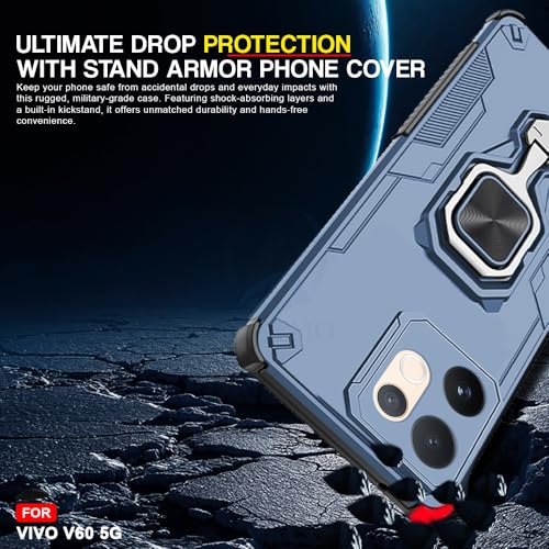 Image of AESTMO Armor Back Cover for Vivo V60 / V60E / T4 Pro 5G | Ring Holder & Kickstand & Camera Protection in-Built | 360 Degree Protection Back Case Cover (Blue)