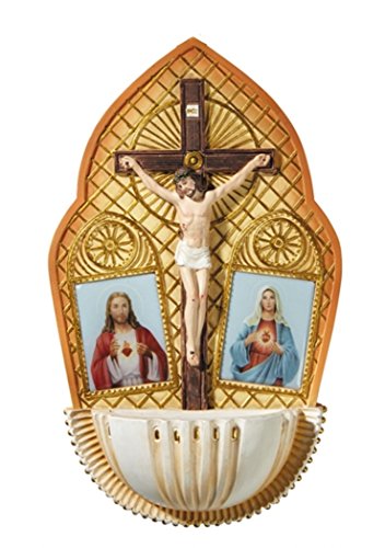 The Sacred Hearts with Crucifix Resin Holy Water Font, 7 1/2 Inch