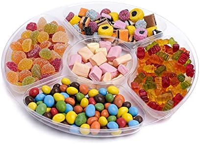STACKABLES Pack of 3 Plastic Compartment Trays with Flat Lids - Reusable Serving Platters for Parties - Compartment Appetizer Platter - 5 Sections - Clear - 12" (30cm)