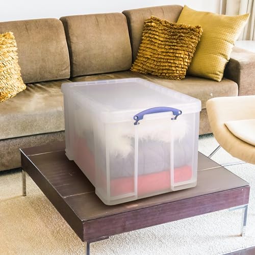 Image of Really Useful Box 84 Liters Storage Container with Snap Lid and Clip Lock Handle for Lidded Home and Item Storage Bins, 4 Pack, Clear