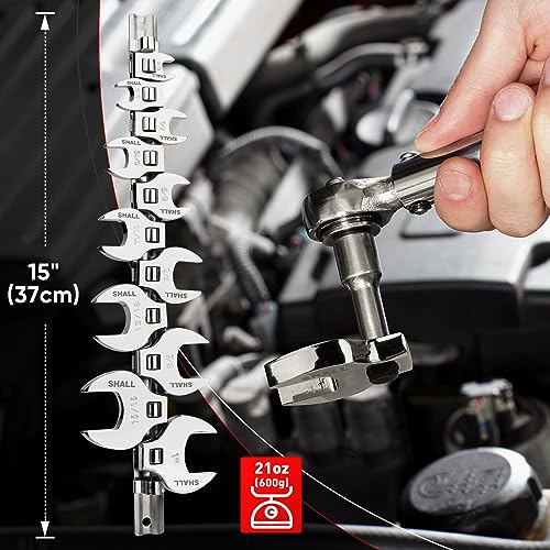 SHALL 3/8" Crows Foot Wrench Set, 11-Piece SAE Crowfoot Wrench Set with Clip-on Organizer, 3/8"-1", Tools for Mechanics, Access Fasteners in Tight Spaces - Image 6