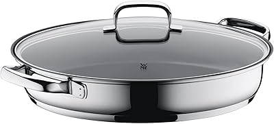 WMF – Rustidiera 38 cm Cacerola Baja Larga Oval con Tapa de Cristal, Cromargan 18/10 Acero Inoxidable, Antiadherente, Apto para Inducción y Horno, Diseñado en Alemania