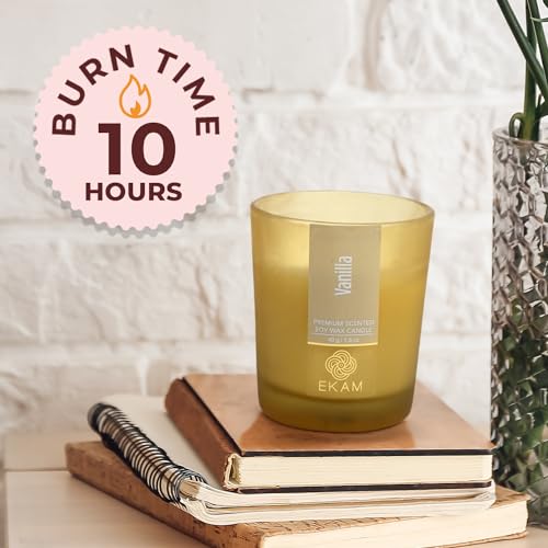 Image of EKAM Scented Frost Glass Votive Candle| Vanilla Scented| Luxury Fragrances| Ideal for Home Decor, Aromatherapy & Gifting| Soy Wax| Therapeutic| Smokeless| Sootless| 10 Hours Burn time |40 g
