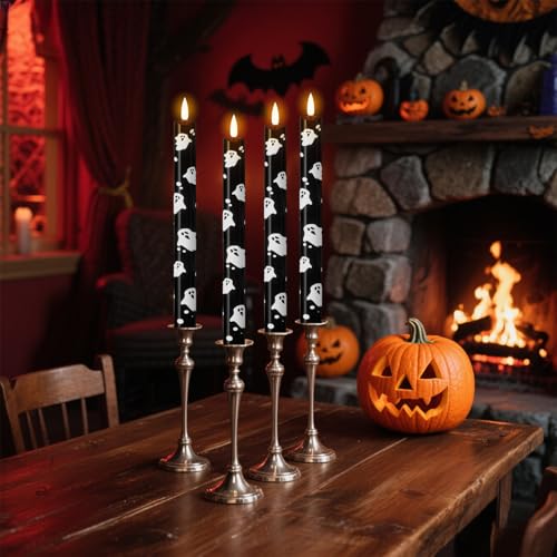 Image of Eldnacele Halloween Ghost Flameless Taper Candles Battery Operated with Remote Timer, Set of 4 Black Real Wax 3D Wick LED Flickering Candle Spooky Halloween Indoor Decor(0.78 inch D x 9.64 inch H)