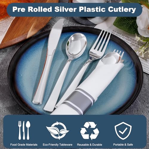 50Guests Pre Rolled Silver Plastic Silverware Sets - Heavy Duty Silver Cutlery - Include 50 Pack Wrapped Disposable Utensils with Napkins for Parties & Dinners & Weddings - Image 5