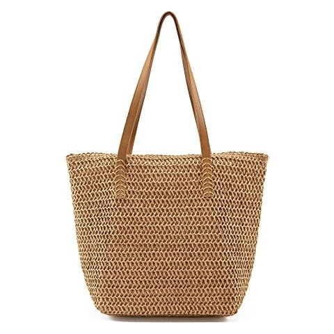 Faletony Summer Beach Bags Woven Bag for Women Straw Tote Bag Handbag Market Shopping Travel Holiday Shoulder Bag with Zip, Leather Handles Large Khaki Cover