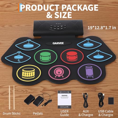 Image of Wireless Electronic Drum Set with 9 Pads, Portable Roll-Up Practice Kit for Kids & Beginners , Built-in Speaker, LED Lights, Recording & Headphone Output ,Includes Kick Pedal, Drum Sticks