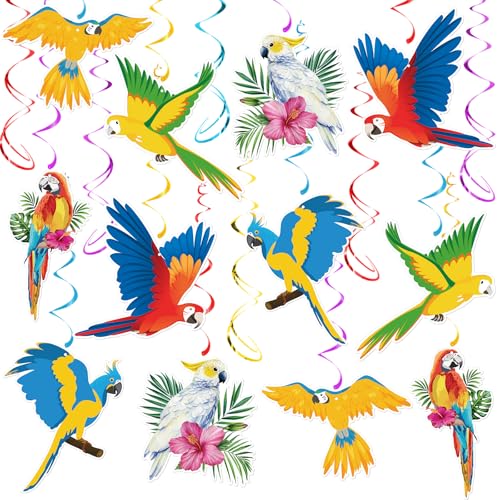 Image of Tropical Birds Hanging Swirls Decorations, 30 Pcs | Hawaiian Toucan Parrot Hanging Swirl Foil Ceiling Decor for Hawaiian Luau Tiki Bar Jungle Rainforest Summer Beach Pool Party