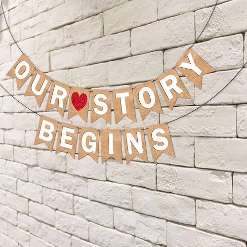 Image of Wobbox Jute Style White Text & Red Heart inchOur Story Begins inch Pre Wedding Bunting Banner, Pre-Wedding Decoration Item