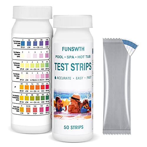 FUNSWTM 7-Way Pool Test Strips for Spa Hot Tub, Pool Test Kit for Testing Total Hardness, Total Chlorine, Total Bromine, Free Chlorine, pH, Total Alkalinity, Cyanuric Acid, Spa Test Strips 50ct