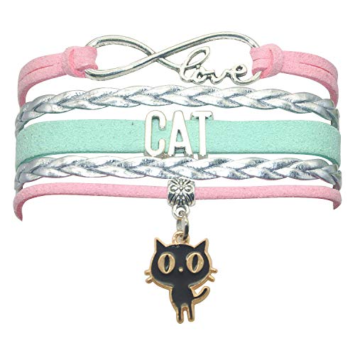 HCChanshi Cat Bracelet Jewelry - Leather Infinity Love Cat Gifts Cat BFF Jewelry Bracelet Gifts For Women, Girls, Men, Boys, Cat Lover, Cat Owner, Cat Themed Gifts (Pink,Silver and Mint Green)
