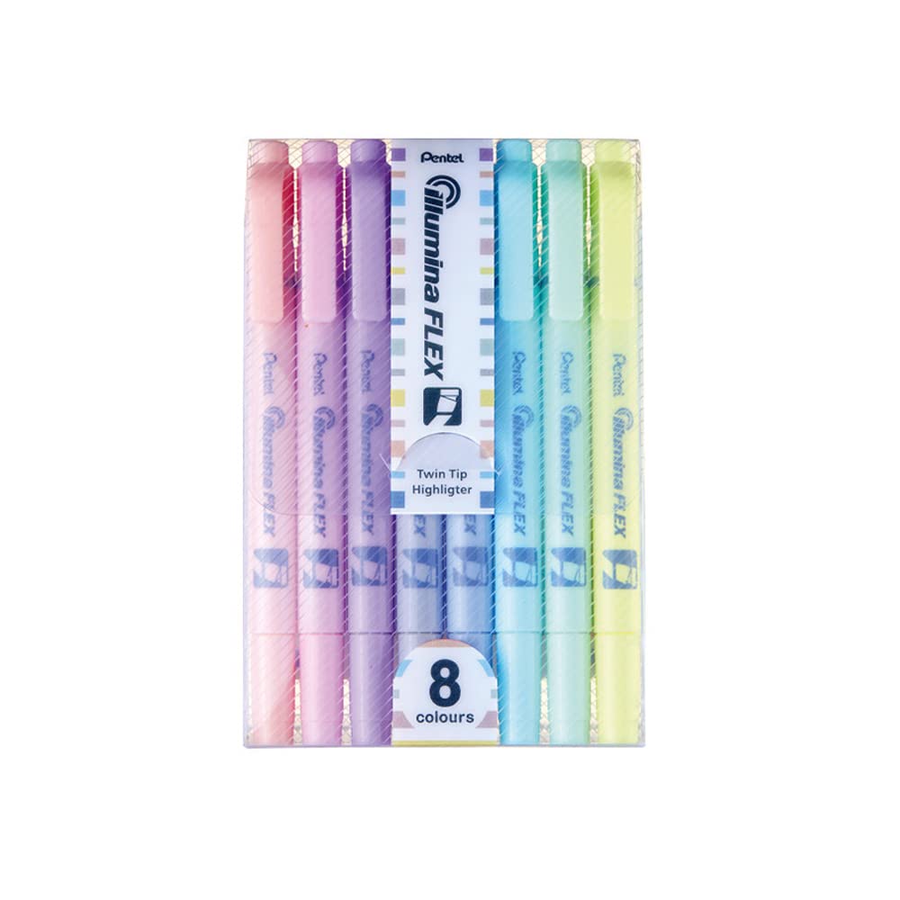 Pentel Illumina Flex SLW11 Textmarker mit Doppelspitze, säurefrei und lichtbeständig, schnell trocknend, für Schule und Büro, 8 Farbtöne