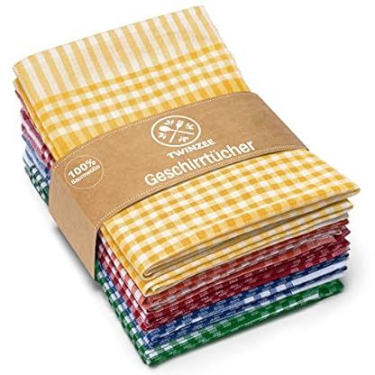 Twinzee Set 10 Karierter Geschirrtücher Baumwolle 100% Baumwolle Oeko-TEX - 70 x 50 cm - Retro Chic Stil Küchentücher - Spül- & Geschirrtücher - 2 Blaue, 2 Rote, 2 Grüne, 2 Gelbe Geschirrhandtücher