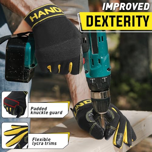 Image of HANDLANDY Work Gloves for Men & Women, Leather Utility Mechanic Working Gloves Touch Screen, Flexible Breathable Gardening Gloves for Yard Maintenance (Medium, 1 Pair)