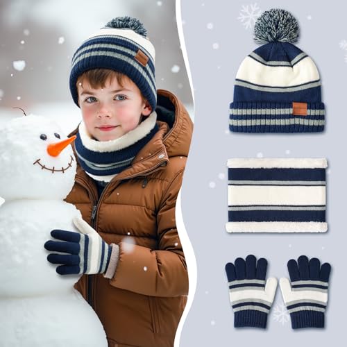 Image of Kids Winter Hat Gloves Scarf Set: Girls Boys Beanie Fleece Lined Ages 6-10