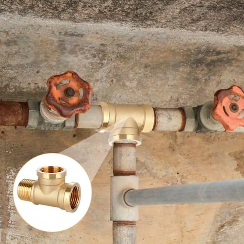 1/2 Zoll T-Stück, 2 Stück Messing T-Stück 1/2 Zoll, 1/2\ T-Stücks 90°, Gewindefitting T-stück IGxIGxAG aus Messing, Wasseranschluss Verteiler, 3 Wege T-verbindungsstück für Trinkwasser Geeignet