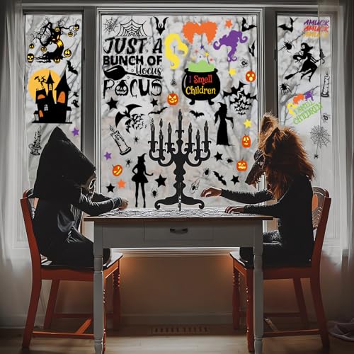 Image of 92Pcs Halloween Window Clings - Hocus Pocus Window Clings,I Smell Children Witch Clings for Glass Windows,Reusable Double Sided Static Window Stickers for Halloween Decorations(9 Sheets)