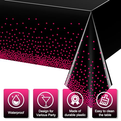 Image of 6 Pack Hot Pink and Black Plastic Tablecloth, Disposable Table Cloth for Rectangle Tables, Hot Pink Stamping Dot Black Tablecloth for Bachelorette Birthday Wedding Party Decorations, 54 inchx108 inch