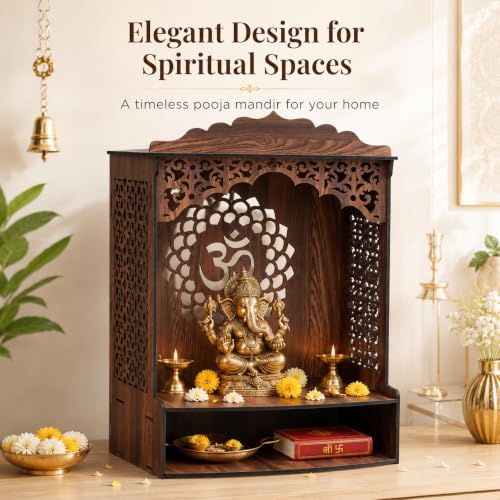 Image of The Castle Decor Wooden Mandir for Home, Wall Hanging & Tabletop Pooja Temple with Om Cutwork Back Panel, Jali Side Panels, Open Storage Shelf, Pooja Room, Office, Hostel, 10x22.2x18 Inch