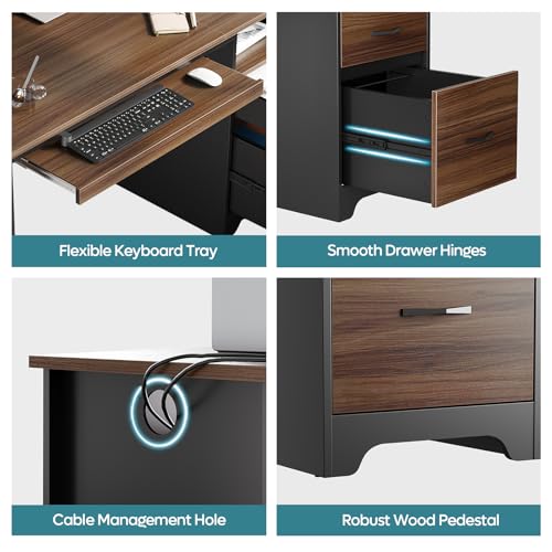 Image of Bestier 48 inch Computer Desk with Drawers, Office Desk with Storage, Industrial Wood Writing Desk with File Drawer, Keyboard Tray & 2 Hooks for Home Office & Studio, Cherry