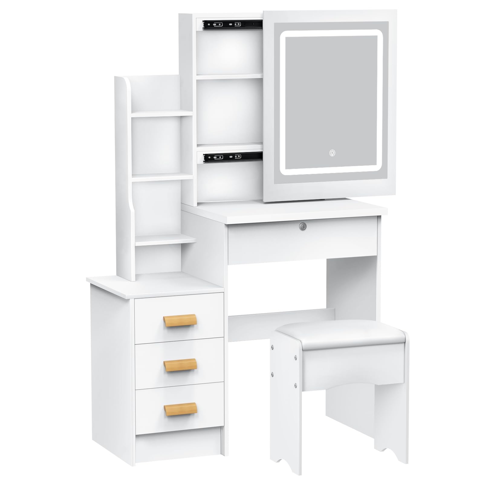 Escritorio de tocador con espejo deslizante y luces, tocador de dormitorio, mesa de maquillaje con cajones y estantes, espacio de almacenamiento oculto, blanco